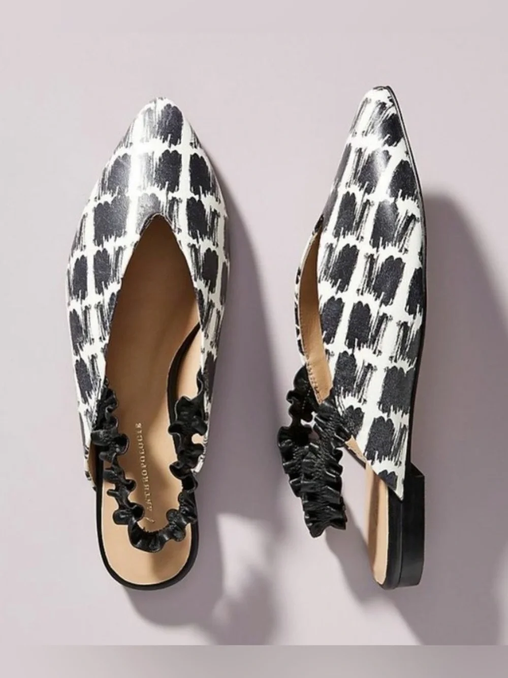 Anthropologie Jemma Ruffled Slingback Flats spot black white print like new 39